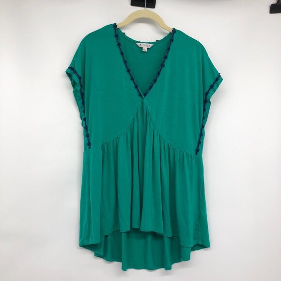 Nanette Lepore Teal Green Short Sleeve Flowy V-Neck yarn trim Blouse size L - Picture 15 of 16